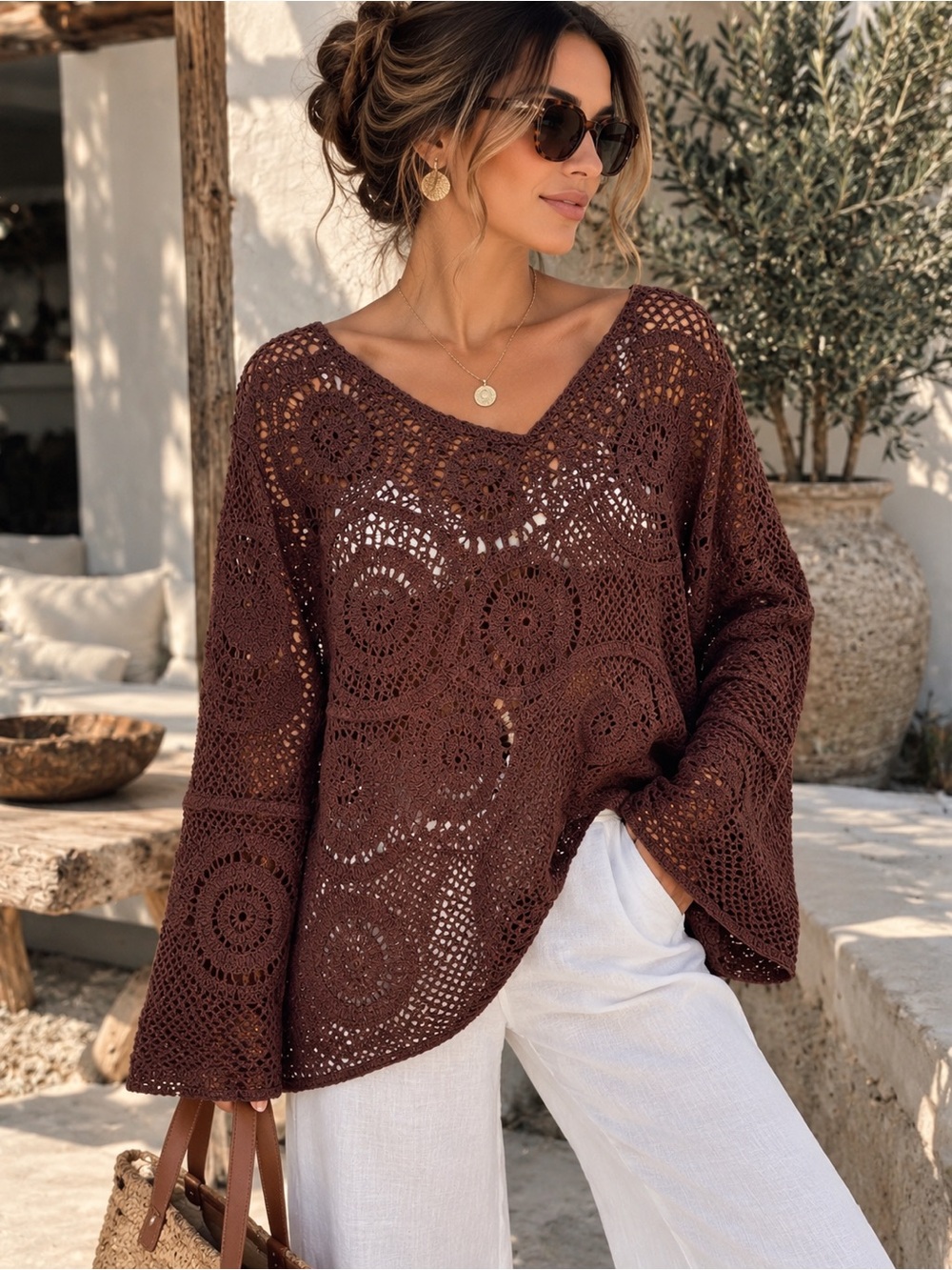 Ultra Pink Brown Crochet Open Knit Boho Bell Sleeve Top Cotton 2X NWT